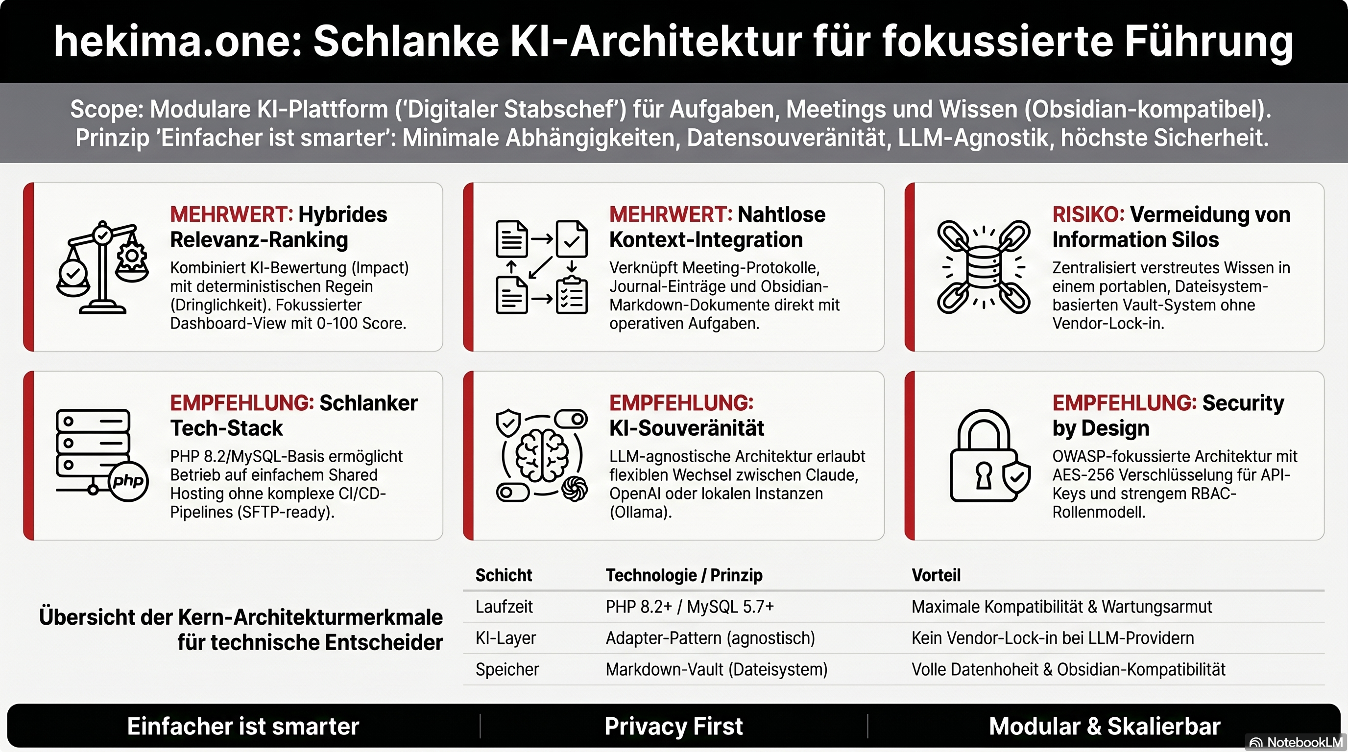 hekima.one: Schlanke KI-Architektur f&uuml;r fokussierte F&uuml;hrung &ndash; &Uuml;bersicht Kern-Architekturmerkmale