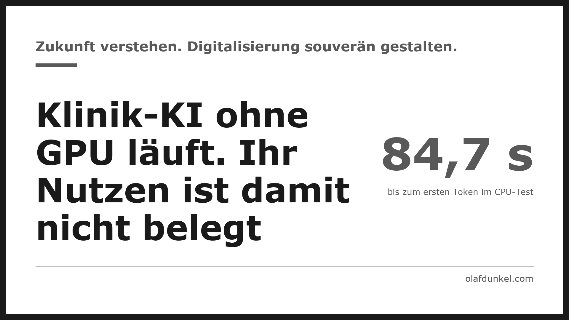 Weiße Grafikkarte mit schwarzem Rahmen und grauem Akzentbalken, darauf der Satz: Klinik-KI ohne GPU läuft. Ihr Nutzen ist damit nicht belegt. Daneben 84,7 s bis zum ersten Token im CPU-Test.