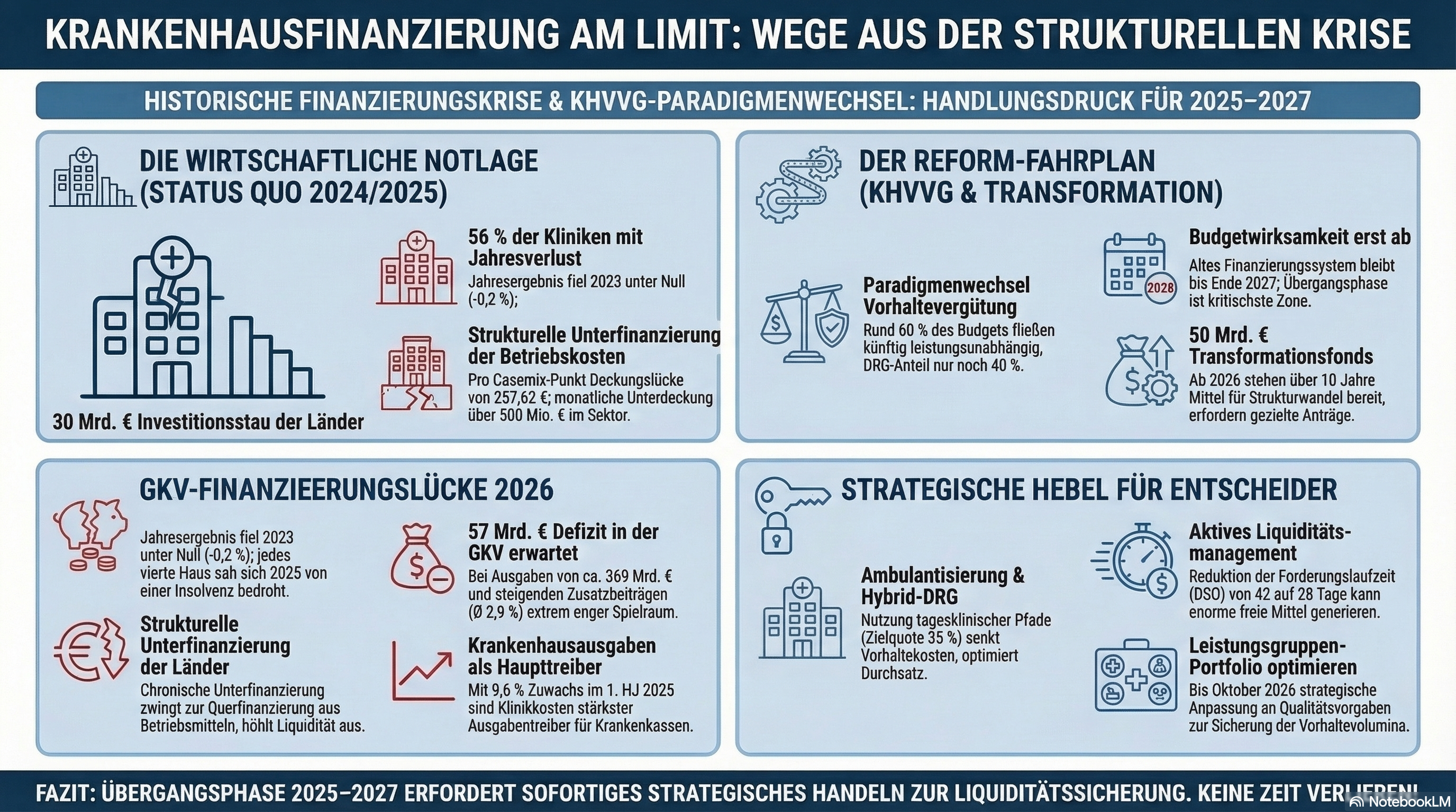 Krankenhausfinanzierung am Limit: Wege aus der strukturellen Krise &ndash; Infografik zu Status quo, Reform-Fahrplan, GKV-L&uuml;cke und strategischen Hebeln