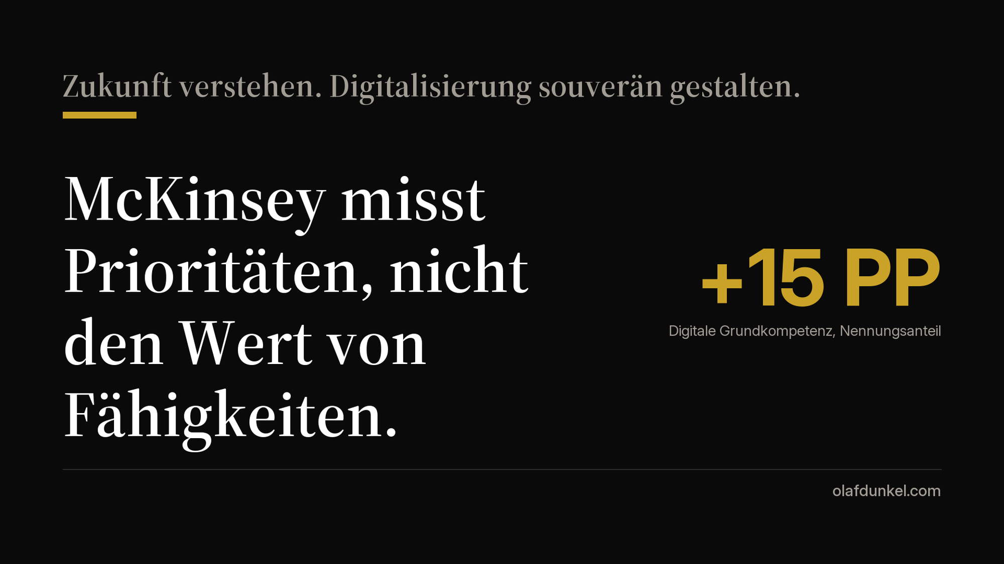 Dunkle Grafikkarte mit dem Satz: McKinsey misst Prioritäten, nicht den Wert von Fähigkeiten. Daneben in Gold die Zahl +15 PP mit der Beschriftung Digitale Grundkompetenz, Nennungsanteil. Fußzeile olafdunkel.com
