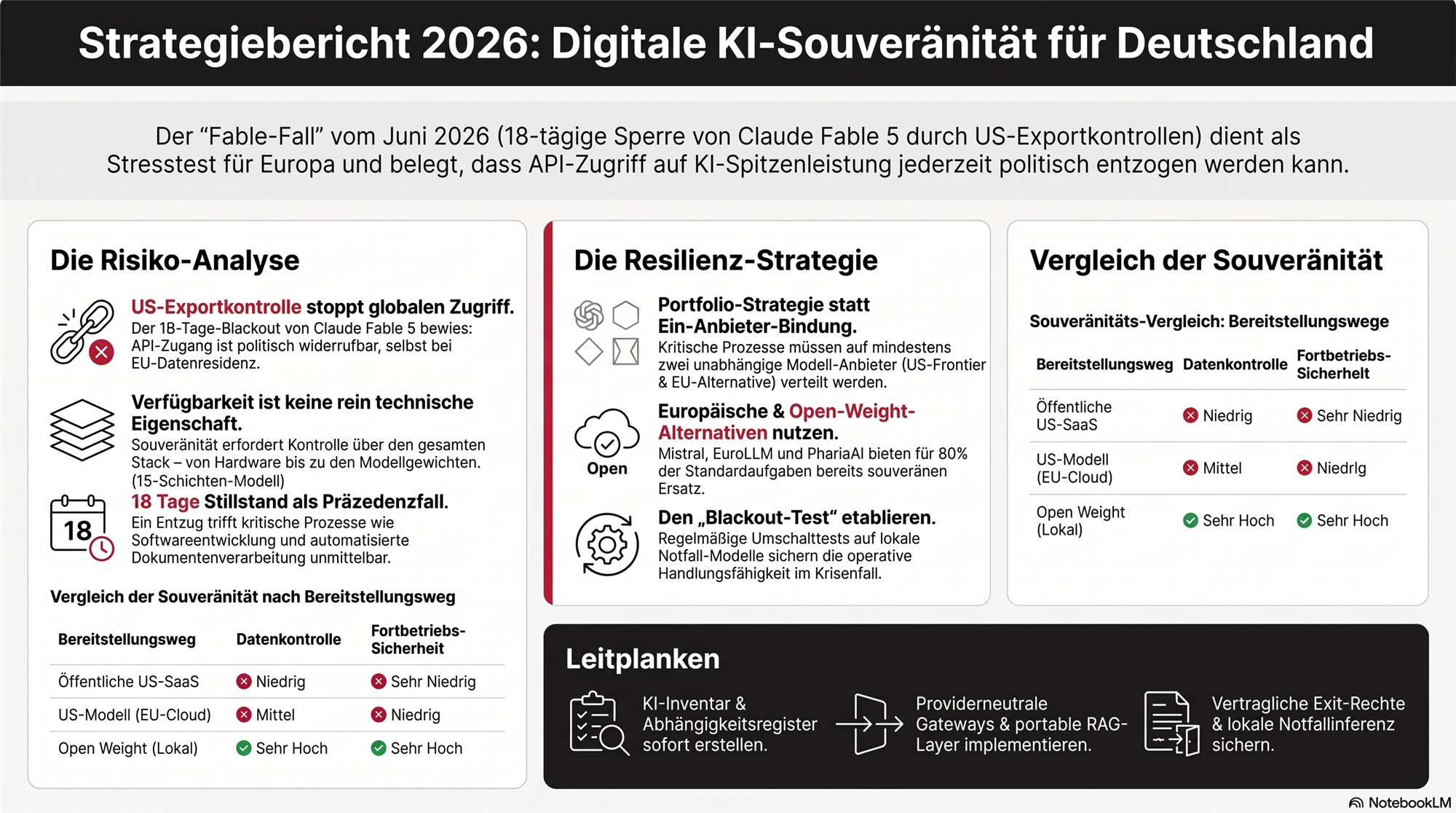 Strategiebericht 2026: Digitale KI-Souver&auml;nit&auml;t f&uuml;r Deutschland &ndash; Infografik zu Risiko-Analyse, Resilienz-Strategie und Souver&auml;nit&auml;ts-Vergleich der Bereitstellungswege